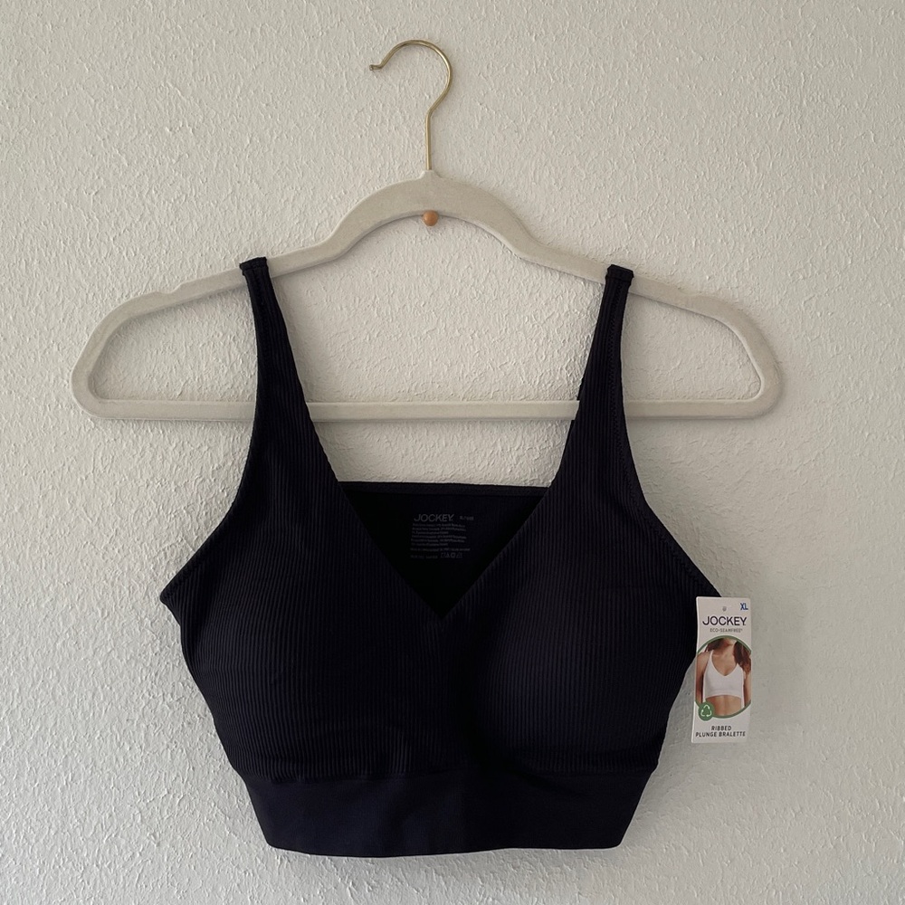 Jockey Sports Bra Ribbed Wireless Vneck Longline Black Minimalist Athletic Bras